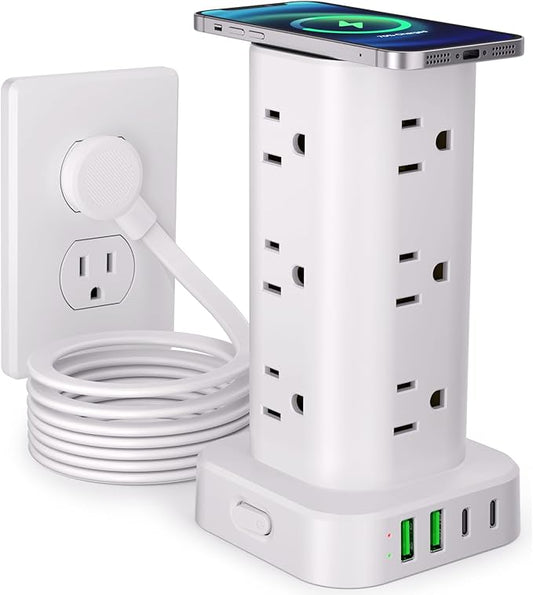 Power Strip Tower with Wireless Charger, Flat Plug Surge Protector Tower with 10FT Extension Cord, 12 AC Multiple Outlets, 4 USB (2 USB C),15W Wireless Charging Power Tower for Home Office Dorm,White