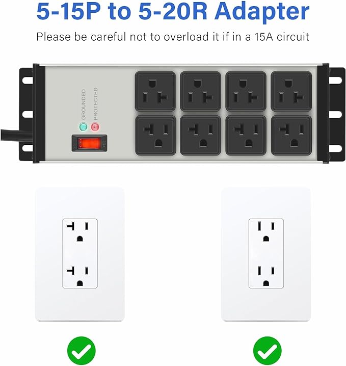 CCCEI Heavy Duty Power Strip Surge Protector 20 AMP, 8 Outlets 12 Gauge Industrial Shop Garage Metal Multiple Outlets, 15 FT Extension Cord 5-15P Adapter High Amp 6-20R T-Slot 20a for Appliance