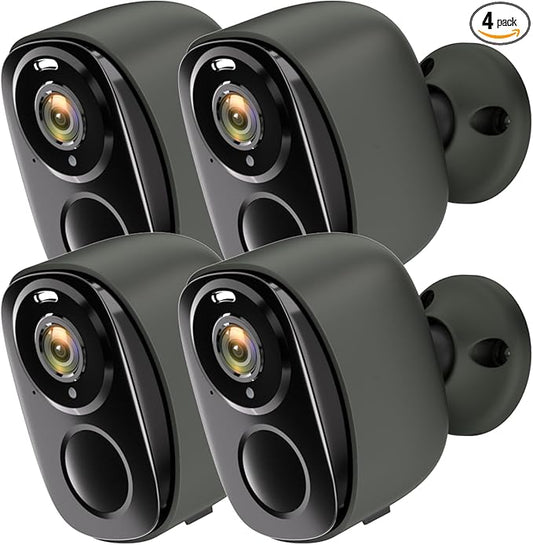 4pc Security Cameras Wireless Outdoor, 2K Battery Powered Camera, WiFi Home Indoor Camera with Color Night Vision, Spotlight, Siren, AI Detection, Cloud/SD, 2 Way Audio, No Monthly Fee, Works Alexa