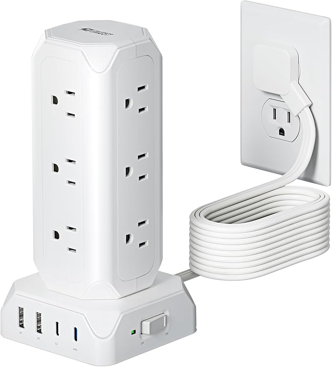 Power Strip Tower, SUPERDANNY 12 Outlets with 35W USB(2 USB-A & 2 USB-C) Charging Station, 1625W/13A, 1700J Surge Protector, 15ft Flat Plug Extension Cord with Multiple Outlets for Home, Office, Dorm