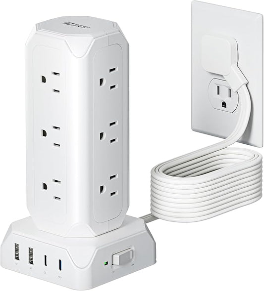 Power Strip Tower, SUPERDANNY 12 Outlets with 35W USB(2 USB-A & 2 USB-C) Charging Station, 1625W/13A, 1700J Surge Protector, 15ft Flat Plug Extension Cord with Multiple Outlets for Home, Office, Dorm