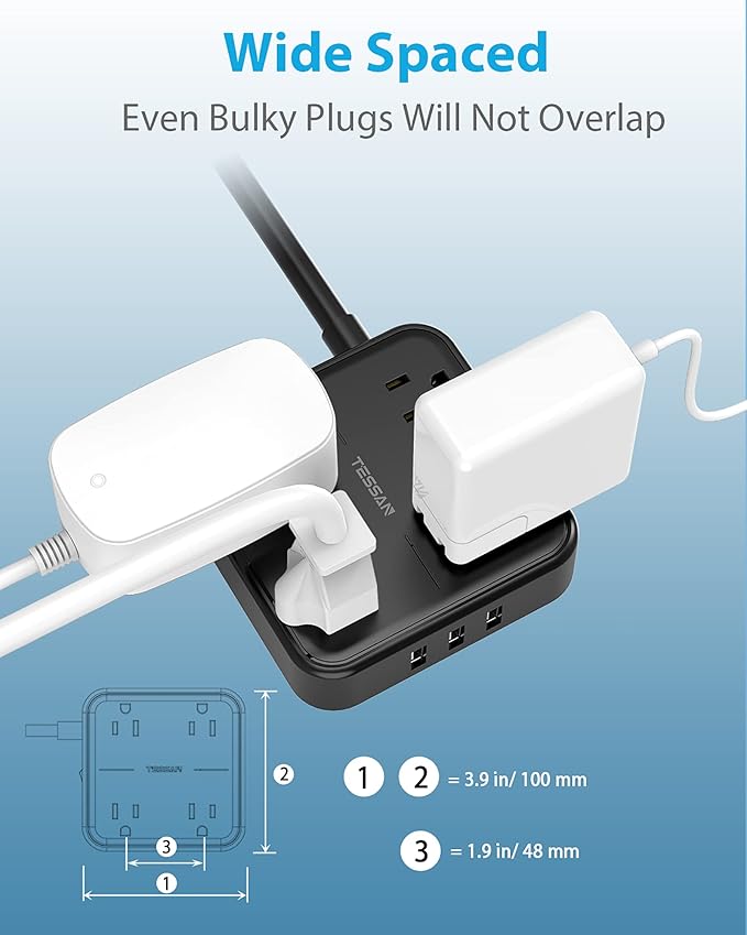 Extension Cord 15 FT, TESSAN Flat Plug Power Strip with Long Cord, 4 Widely Spaced Outlets and 3 USB Ports, Mountable Charging Station for Indoor, Home, Office, School Dorm Room Essentials, Black