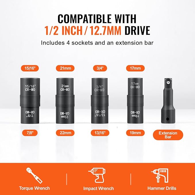 VEVOR Lug Nut Impact Socket Set - 4 Lug Nut Sizes 1/2 inch Drive Metric and SAE 6-Point Flip Socket CR-MO Steel Wheel Socket Set with Storage Case and Extension Bar for Auto Repair