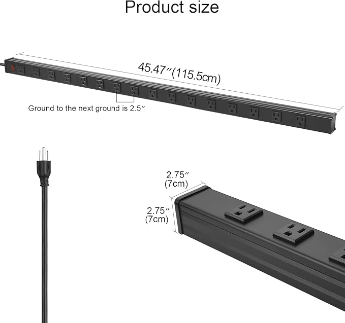 Long Heavy Duty Power Strip, 16 Outlet Large Metal Power Strip, Garage Workshop Multi Wide Industrial Power Strip. 4FT Cord 15A, 125V, 1875W (Black)