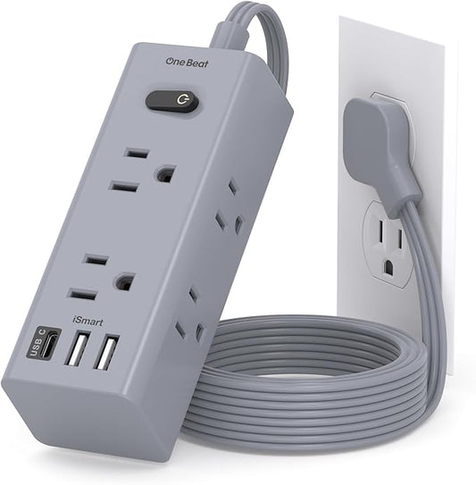 5Ft Extension Cord with Multiple Outlets, Flat Plug Power Strip Surge Protector with 5 Ft Long Cord, 6 Outlet 3 USB Ports (1 USB C), Multi Outlet Wall Plug for Travel, Dorm Room Essentials-Grey