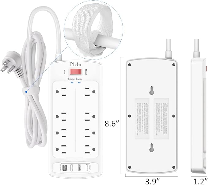 Surge Protector Power Strip - Nuetsa Flat Plug Extension Cord with 8 Outlets and 4 USB Ports, 10 Feet Power Cord (1625W/13A), 2700 Joules, ETL Listed, White