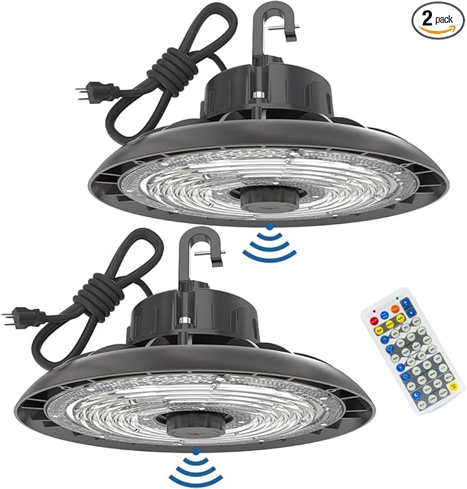 HYPERLITE 150W Smart High Bay LED Shop Lights 2pack, 140LM/W 5000K LED High Bay Lights with 1pack Remote Control & 2pack Motion Sensor, 120-277V High Bay LED Lighting for Garage Workshop Gym