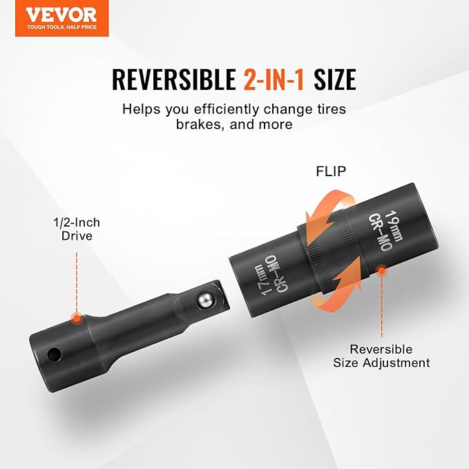 VEVOR Lug Nut Impact Socket Set - 4 Lug Nut Sizes 1/2 inch Drive Metric and SAE 6-Point Flip Socket CR-MO Steel Wheel Socket Set with Storage Case and Extension Bar for Auto Repair