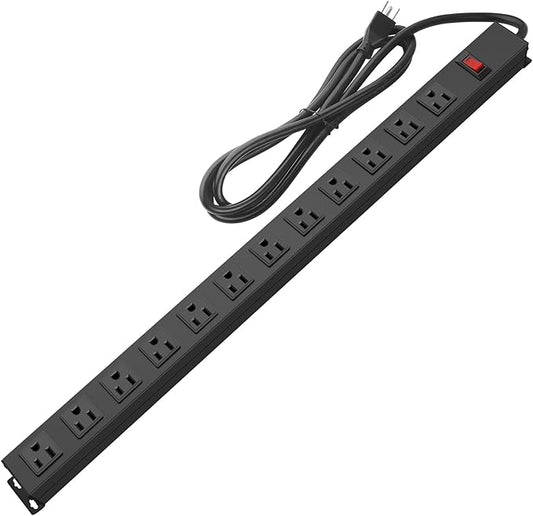 HHSOET Metal Wall Mount Power Strip, Mountable Power Outlet with 12 AC Outlets, Aluminum Alloy Mount Power Socket with Switch, 15 FT SJT 3/C 14AWG Power Cord, 15A 125V 1875W (12AC)