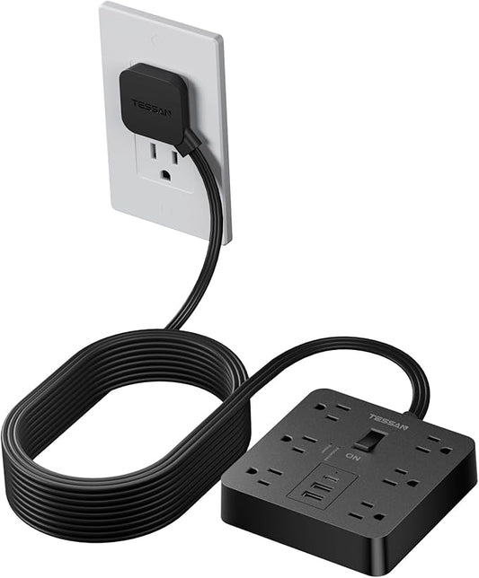 Black Surge Protector Power Strip 10 ft Cord, TESSAN Flat Plug Extension Cord with 6 Outlets 3 USB Ports (1 USB C), 1700J Protection, Heavy Duty Power Strip for Indoor Home Office School Dorm Room