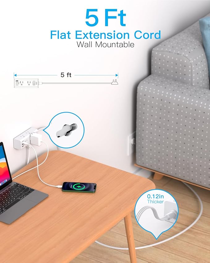 5Ft Extension Cord with Multiple Outlets, Flat Plug Power Strip Surge Protector with 5 Ft Long Cord, 6 Outlet 3 USB Ports (1 USB C), Multi Outlet Wall Plug for Travel, College, Dorm Room Essentials