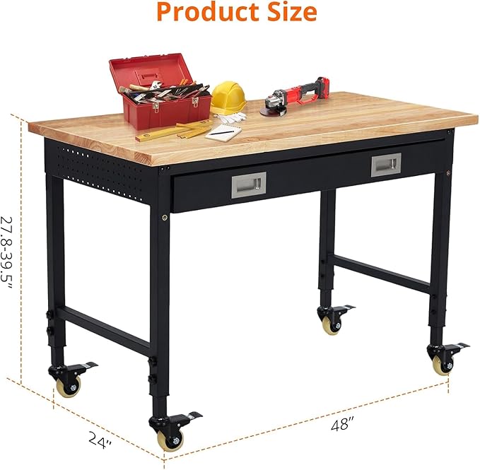 Workbench 48" x 24" Adjustable Height Worktable - Heavy Duty Rubber Wood Top with Drawer Storage, 2000 Lbs Capacity, Mobile Tool Storage Workstation with Power Outlets & Lockable Wheels