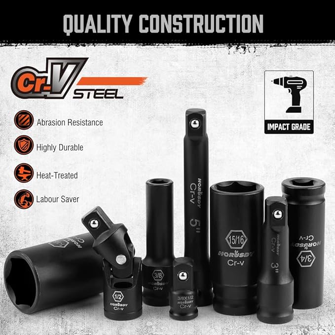 HORUSDY 19-Piece 1/2 Impact Socket Set | SAE (3/8-Inch to 1-1/14") | 6 Point Impact Socket Set 1/2 Drive with Case | Cr-V Steel | 3", 5", and 10" Impact Extension Bars