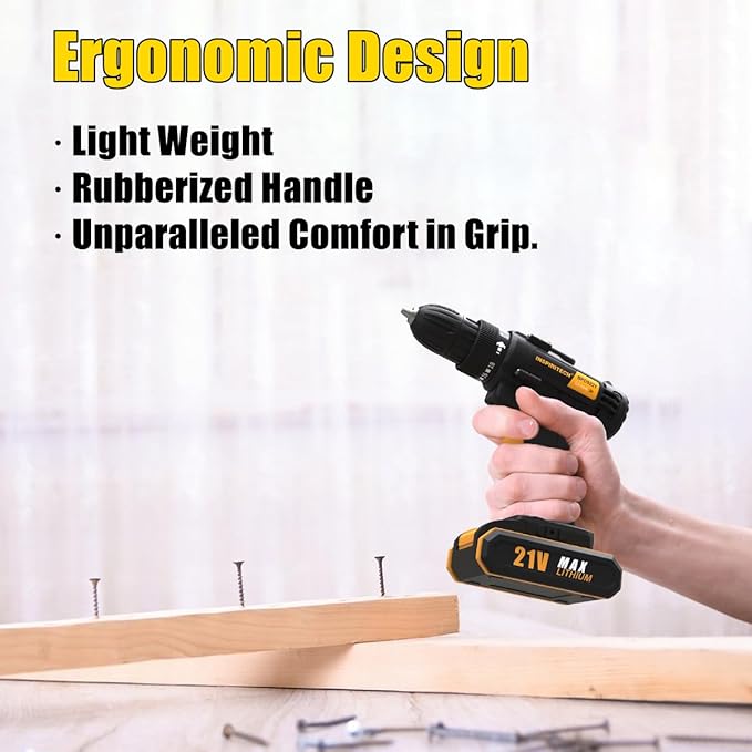 21V Cordless Drill with 2 Batteries and Charger,3/8-Inch Keyless Chuck Power Drill Set,2 Variable Speed Electric Drill Driver, 19 Torque Setting with Drill/Driver Bits