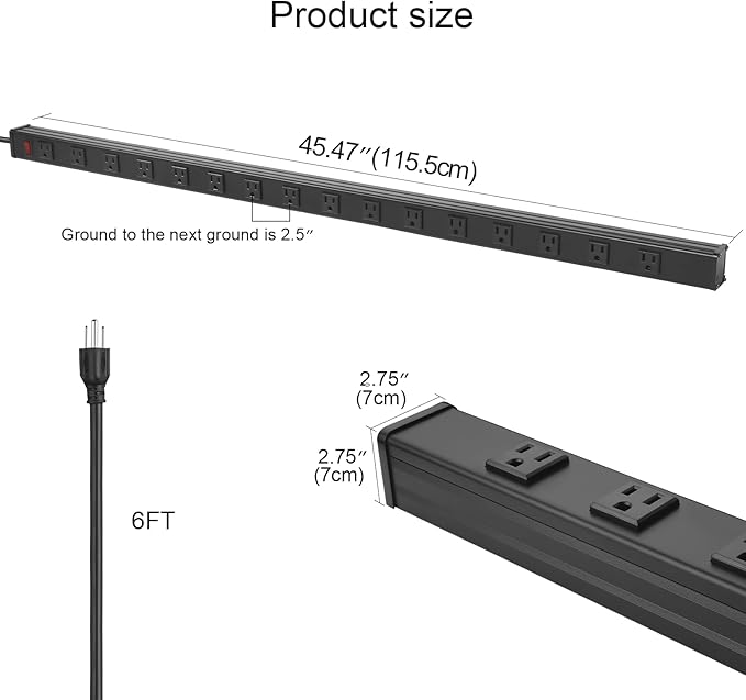 Long Heavy Duty Power Strip, 16 Outlet Large Metal Power Strip, Garage Workshop Multi Wide Industrial Power Strip. 6FT Cord 15A, 125V, 1875W (Black) (10FT, Black)