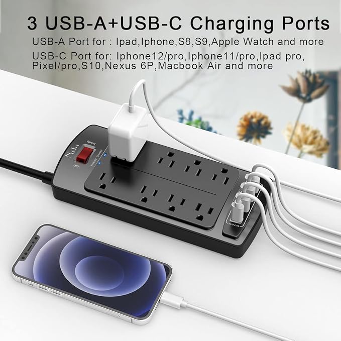 Surge Protector Power Strip - Nuetsa Flat Plug Extension Cord with 8 Outlets and 4 USB Ports, 15 Feet Power Cord (1625W/13A), 2700 Joules, ETL Listed, Black
