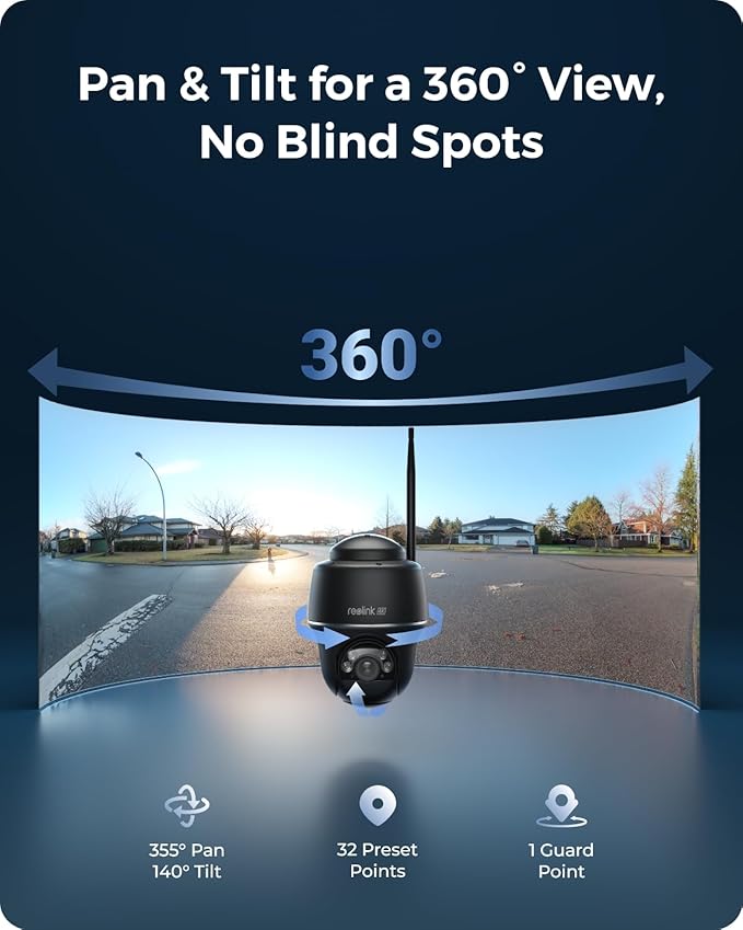 REOLINK 4K Solar Security Cameras Wireless Outdoor, 360° Pan Tilt, 8MP Color Night Vision, 2.4/5 GHz Wi-Fi, No Monthly Fee, Home Hub Compatible, Argus PT 4K+ 6W Solar Panel (Black)