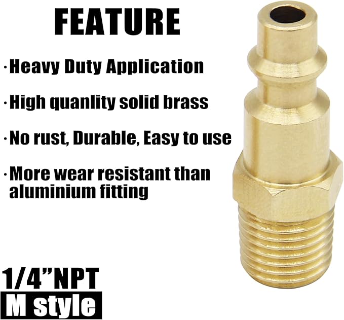 Air Hose Fittings 1/4 inch NPT Male Thread Air Plug, Air Compressor Quick Connect Fittings Durable Solid Brass 300Psi (Industrial Type D, 10 Piece)