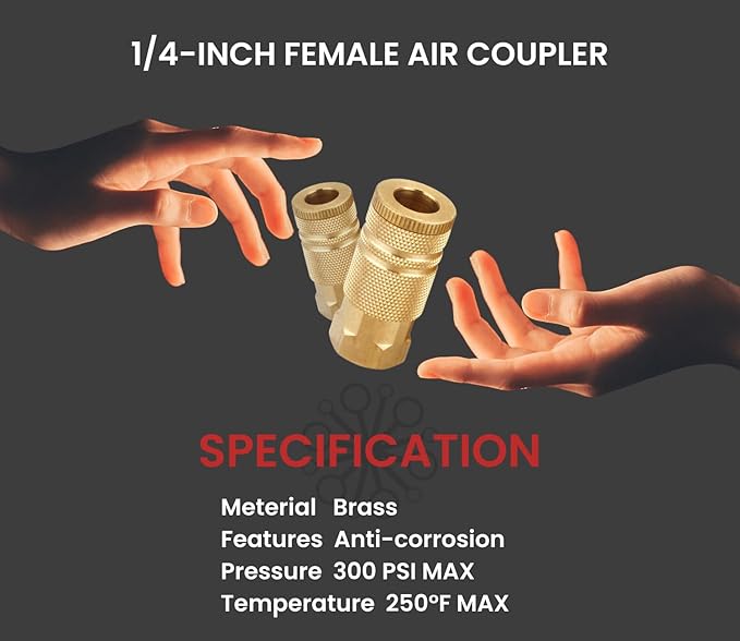 1/4-Inch Brass Female Industrial Coupler, 10 Pack 1/4 Inch Air Hose Fittings NPT Female Quick Connector Air Coupler for Professional Jobsites and Automotive Shops