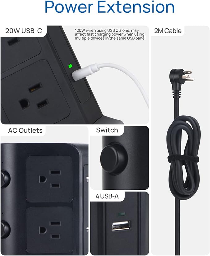 KOOSLA Dual 20W USB-C Power Strip Tower, Surge Protector Power Strip, Power Tower with USB Ports and Widely Spaced AC Outlets,1875W/15A, Charging Tower with 6.5ft Heavy-Duty Extension Cord Black