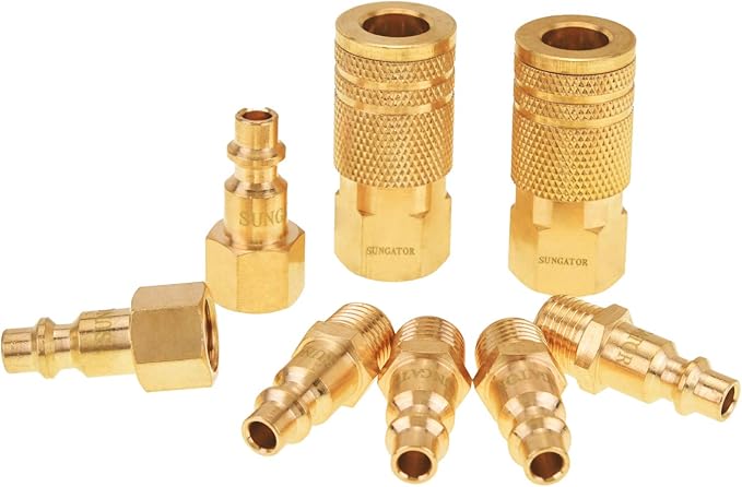 SUNGATOR 8-Piece 1/4" NPT Air Hose Fittings, Solid Brass 1/4'' Air Line Quick Connect Fittings, 1/4 Inch Coupler and Plug Kit, Compressor Accessories, Quick Connect Hose Repair Kit