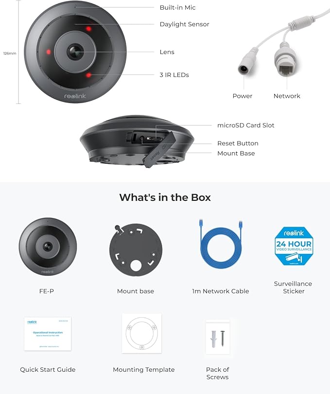 REOLINK 6MP PoE IP Fisheye Camera with 360° View, Surveillance for Home/Office Security, Smart Human Detection, Two Way Talk, Ceiling/Wall/Desk Mount, Multiple Panoramic Display Views, FE-P(Black)