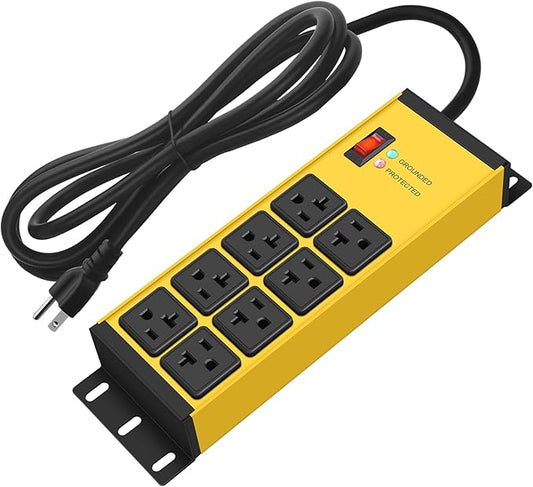 CCCEI Yellow Heavy Duty Power Strip Surge Protector 20 AMP, 8 Outlets 12 Gauge Industrial Shop Garage Metal Multiple Outlets, 10FT Extension Cord 5-15P Adapter High Amp 6-20R T-Slot 20a for Appliance