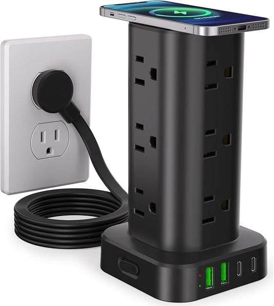 Power Strip Tower with Wireless Charger, Flat Plug Surge Protector Tower with 6FT Extension Cord, 12 AC Multiple Outlets, 4 USB (2 USB C),15W Wireless Charging Power Tower for Home Office Dorm, Black