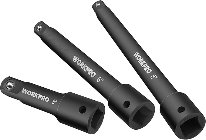 WORKPRO 1/2" Drive Impact Extension Bar Set, 3 PCS Socket Extensions, 3”, 6” and 8” Length, Premium Chrome Vanadium Steel with Black Phosphate Finish, Storage Tray Included