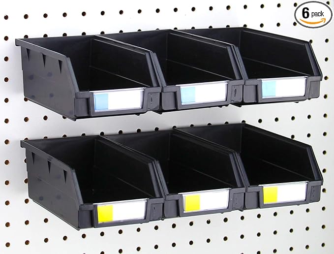 Pegboard Bins – 6 Pack Black Extra Large - Hooks to Any Peg Board - Organize Hardware, Accessories, Attachments, Workbench, Garage Storage, Craft Room, Tool Shed, Hobby Supplies, Parts
