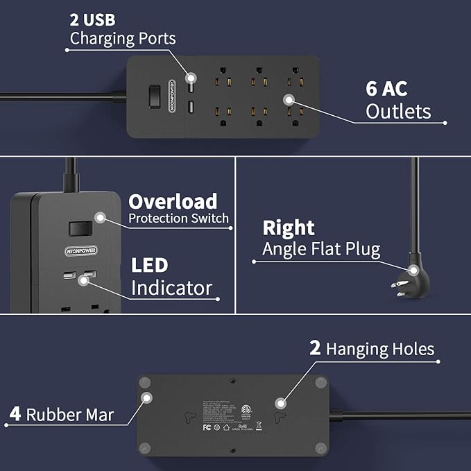 Long Extension Cord 15ft, NTONPOWER Flat Plug Power Strip Surge Protector with 6 Outlets 2 USB Ports, 1080 Joules, Wall Mount Charging Station, Overload Protection for Home Office, ETL Listed, Black