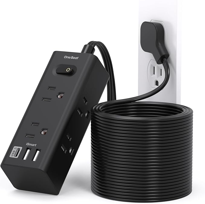 25Ft Extension Cord with Multiple Outlets, Flat Plug Power Strip Surge Protector with 25 Ft Long Cord, 6 Outlet 3 USB Ports (1 USB C), Multi Outlet Wall Plug for Travel, College, Dorm Essentials-Black