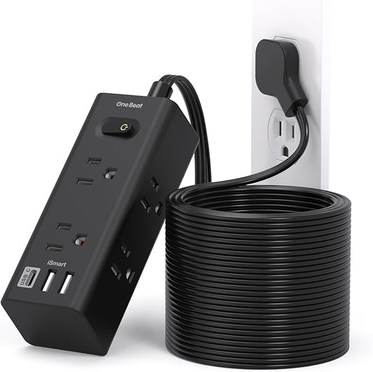 25Ft Extension Cord with Multiple Outlets, Flat Plug Power Strip Surge Protector with 25 Ft Long Cord, 6 Outlet 3 USB Ports (1 USB C), Multi Outlet Wall Plug for Travel, College, Dorm Essentials-Black