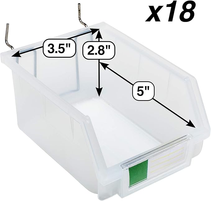 Pegboard Bins – 18 Pack Clear Large - Hooks to Any Peg Board - Organize Hardware, Accessories, Attachments, Workbench, Garage Storage, Craft Room, Tool Shed, Hobby Supplies, Small Parts