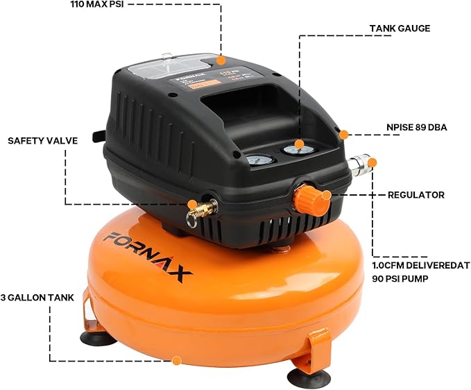 FORNAX Pancake Air Compressor, 3 Gallon, 110 PSI Portable Air Compressor, Oil Free