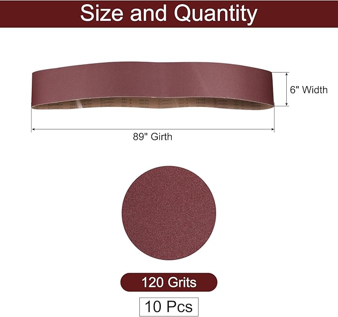 uxcell 10pcs 6" x 89" Sanding Belts 120 Grits Aluminum Oxide Abrasive Belt Sander Paper Sanding Papers for Metal Wood Grinding Polishing, Reddish Brown