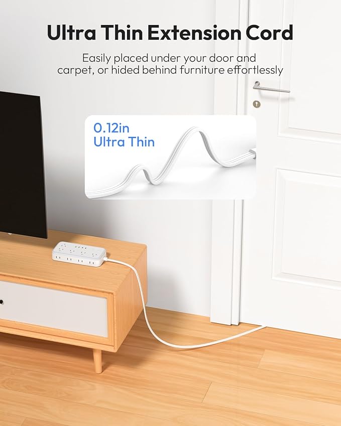 Flat Extension Cord 15 FT, NTONPOWER Surge Protector Power Strip with 10 Widely Outlets 4 USB Ports (2 USB C), 3 Side, Overload Protection, 2700J, Wall Mount, Multiple Outlets for Home Office, White
