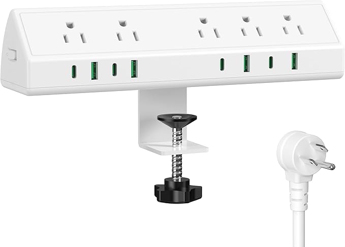 45W Fast Charging Station,Desk Clamp Power Strip,4 PD USB-C Ports,5 AC Outlets,Surge Protector Power Strip, 14AWG Heavy Duty Cord, Fits 1.9" Tabletop Edge (White, 6 FT Cable)