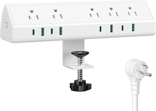 45W Fast Charging Station,Desk Clamp Power Strip,4 PD USB-C Ports,5 AC Outlets,Surge Protector Power Strip, 14AWG Heavy Duty Cord, Fits 1.9" Tabletop Edge (White, 6 FT Cable)