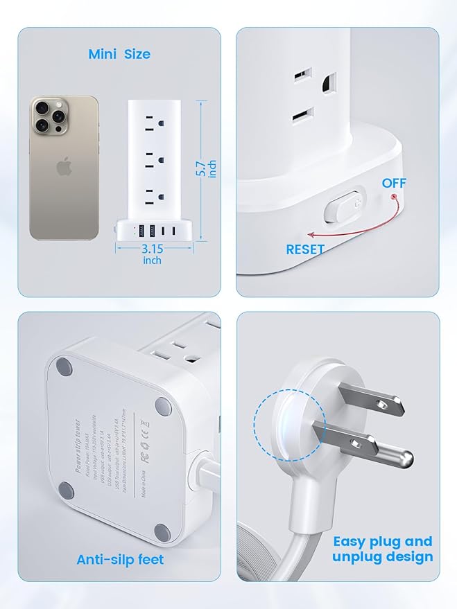 Flat Plug Power Strip Tower Surge Protector, 6FT Flat Extension Cord with Multiple Outlets, 12 AC Outlets, 4 USB Ports (2 USB C) Charging Station for Office Home Dorm Room Travel (White)