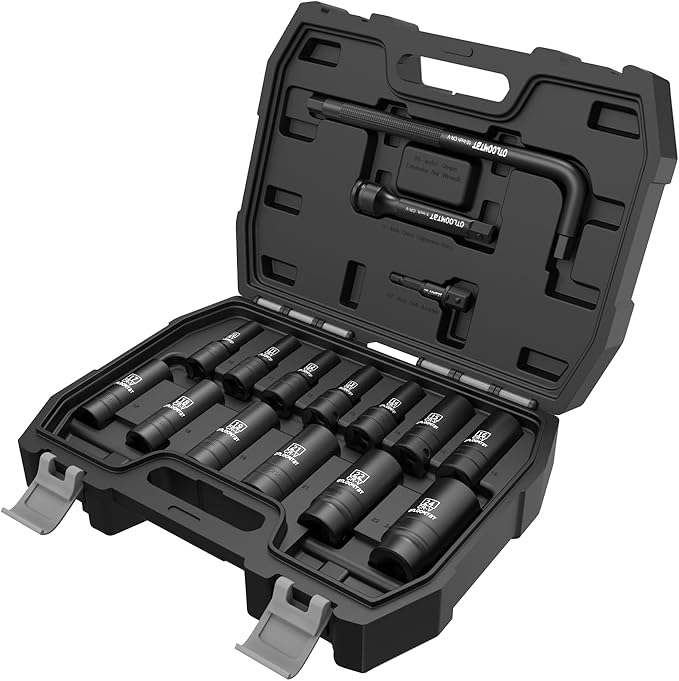 16PCS 1/2 In Drive Thicker Impact Socket Set, High Durability Industrial Grade Deep Metric Sizes Sockets Sets, with L Handle 5 In Extension Bars & Drill Socket Adapter with Premium Organizer