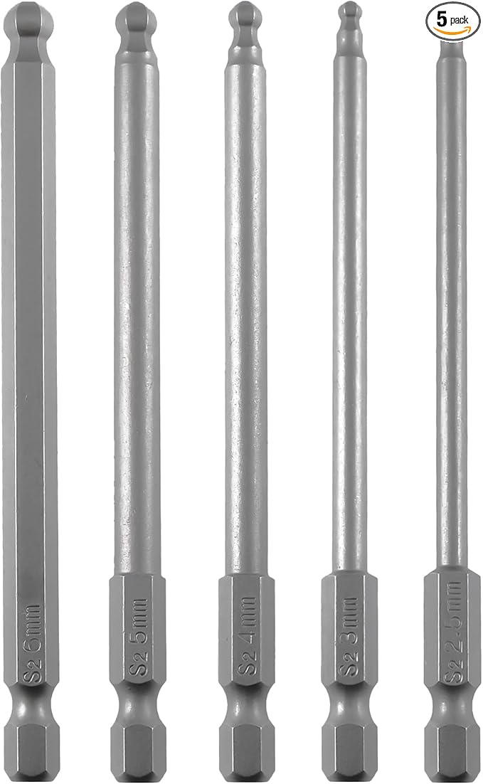 Ball End Hex Head Metric Allen Wrench Screwdriver Bit Set 5PCS 2.5mm 3mm 4mm 5mm 6mm 1/4 Inch Hex Shank 4 Inch/100 mm Length S2 Steel with Magnetic for Power Screwdriver Drill Impact Driver