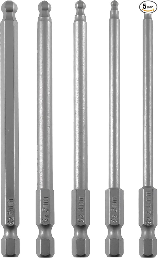 Ball End Hex Head Metric Allen Wrench Screwdriver Bit Set 5PCS 2.5mm 3mm 4mm 5mm 6mm 1/4 Inch Hex Shank 4 Inch/100 mm Length S2 Steel with Magnetic for Power Screwdriver Drill Impact Driver