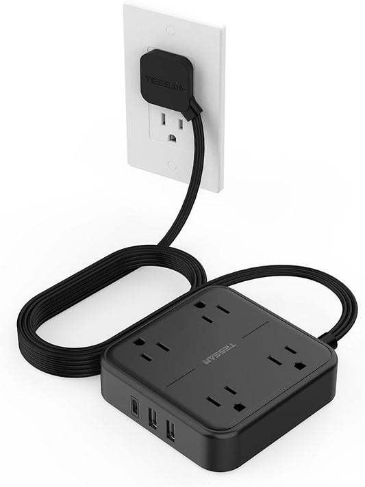 Black Flat Extension Cord 10 FT, TESSAN Power Strip 10 Feet with 4 Widely Outlets 3 USB Wall Charger (1 USB C), Ultra Thin Long Extension Cord Mountable for Indoor, Office, Dorm Essentials