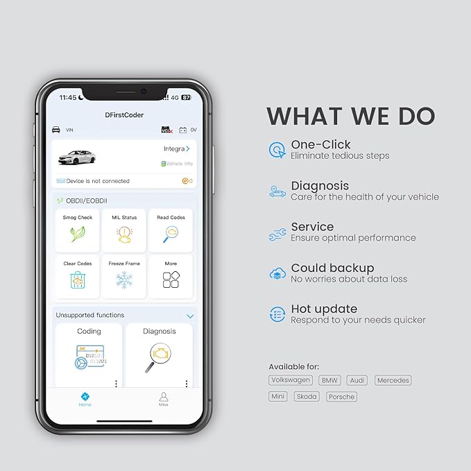 DFirst OBD2 Scanner Diagnostic Tool Bluetooth One-Click Apps, Customizations, Check Engine Code Reader Car Scanner for Volkswagen BMW Porsche Audi Mercedes Mini (iOS/Android,Upgrade VIN Full Package)