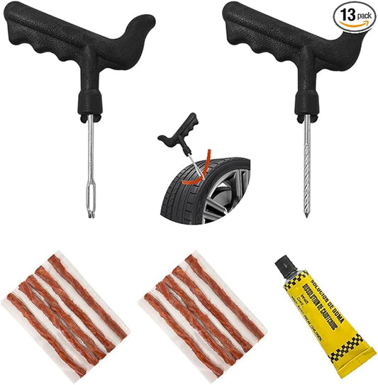 13 PCS Tire Repair Kit, T-Handle Tire Repair Tools with 10 Rubber Strings to Fix Punctures and Plug Flats, Emergency Tire Repair Kit for Cars, Universal Car Accessories (Large)