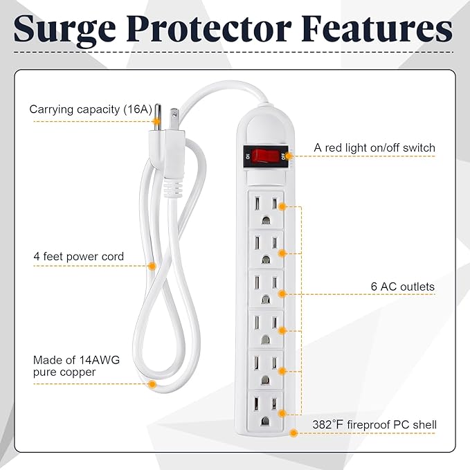 Kanayu 20 Pack 6 Outlet Power Strip Surge Protector 4 ft Cord Low Profile Flat Plug Surge Protector Power Strip for Home Office