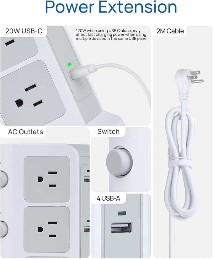 KOOSLA Dual 20W USB-C Power Strip Tower, Surge Protector Power Strip, Power Tower with USB Ports and Widely Spaced AC Outlets,1875W/15A, Charging Tower with 6.5ft Heavy-Duty Extension Cord White