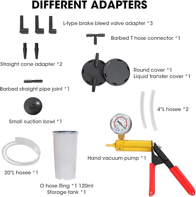 BIG RED Torin 16 Piece 2 in 1 Brake Bleeder Kit Hand Held Fluid Vacuum Gauge Pump Test Set with Storage Case, Black, ATRHS-A1998AR