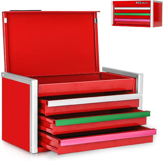 P.I.T. Mini Red Tool Box, Portable 3 Colorful Drawer Steel Tool Box with Magnetic Tab Locking, Red Micro Top Chest with Liner for Tools Storage, Home DIY